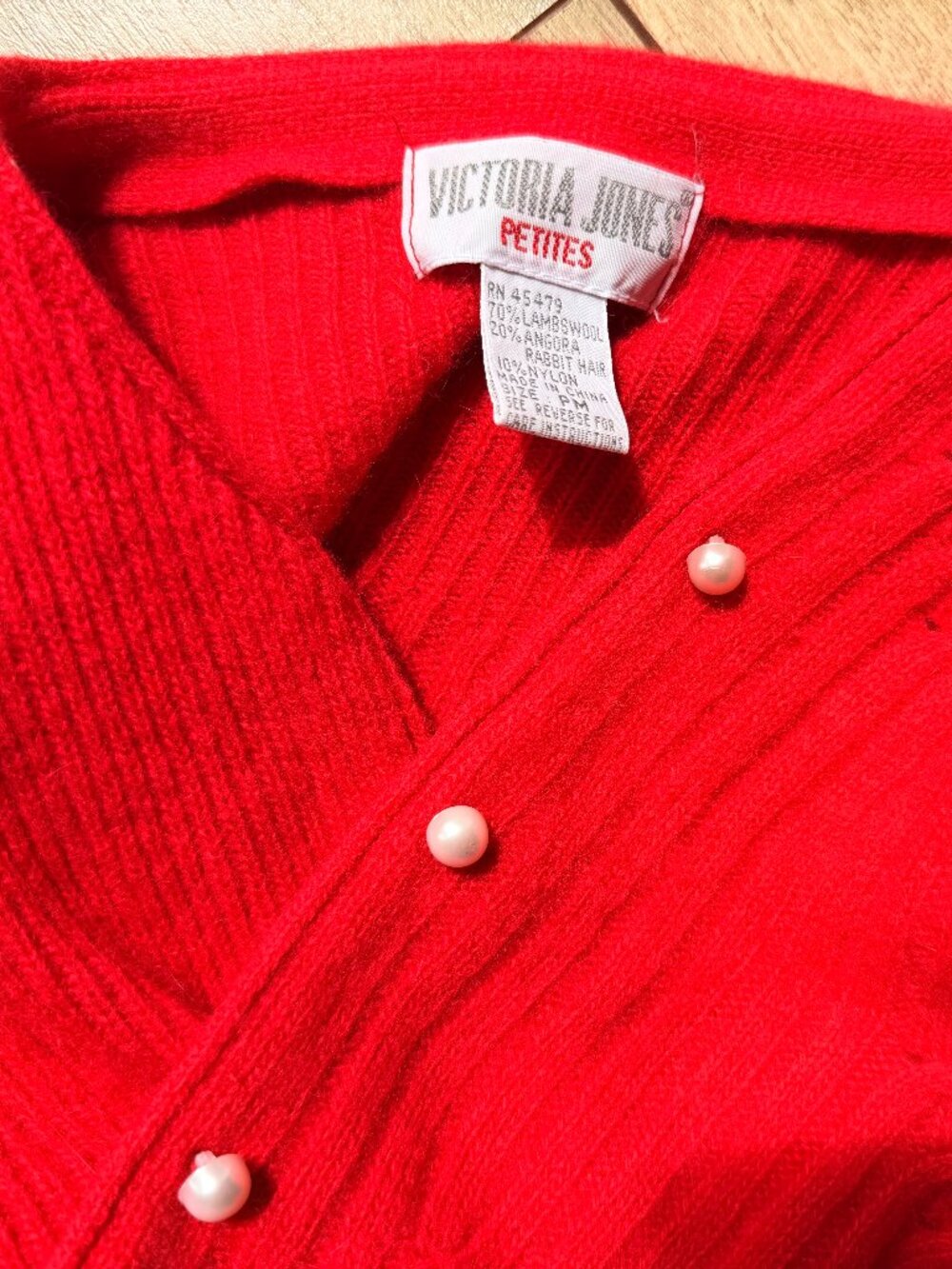 Vintage Red Lambswool Angora Rabbit Hair Cable Knit Faux Pearl Button Cardigan